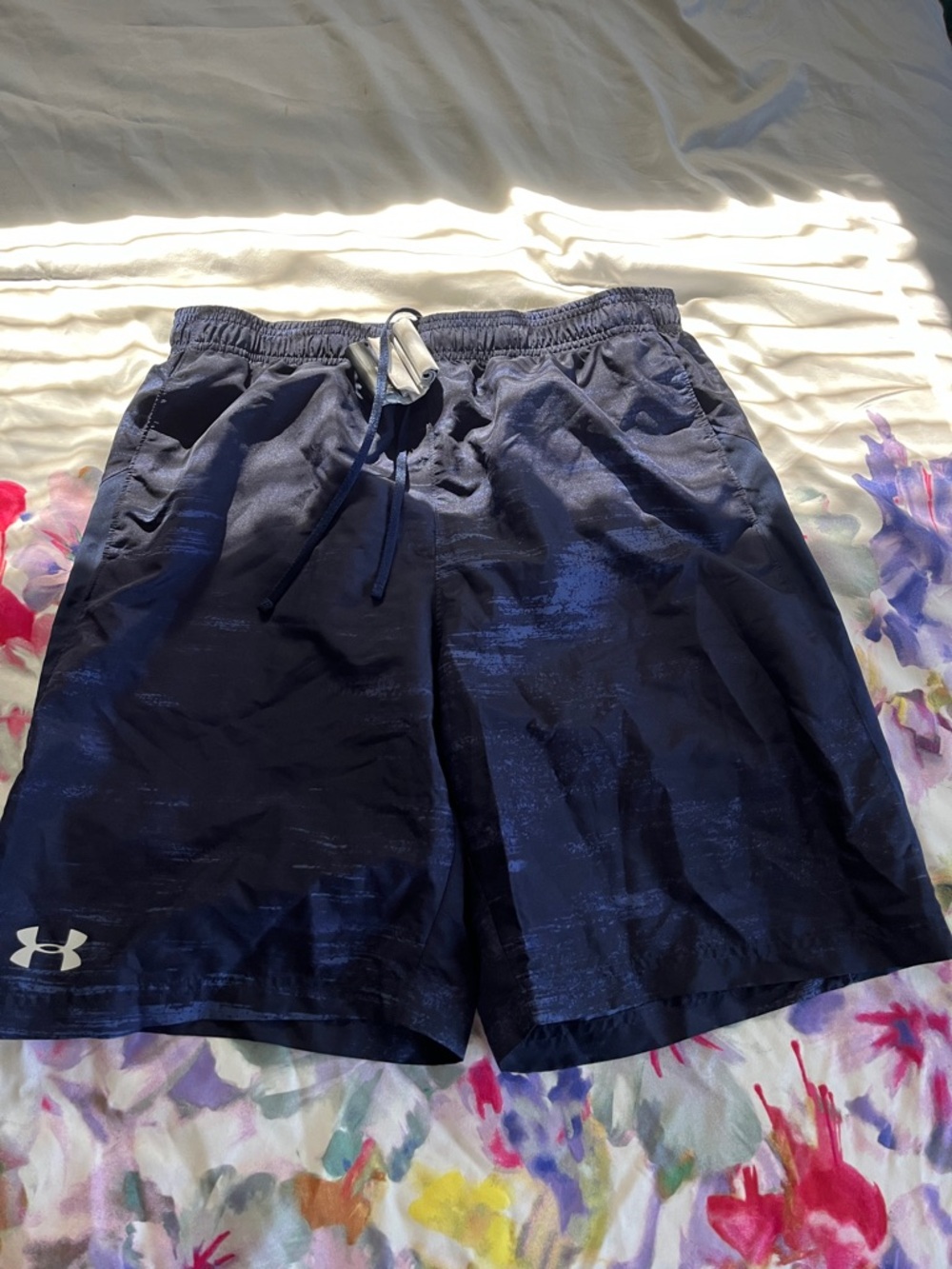 Men’s Under Armour Navy Blue with light blue accents swim trunks NWT